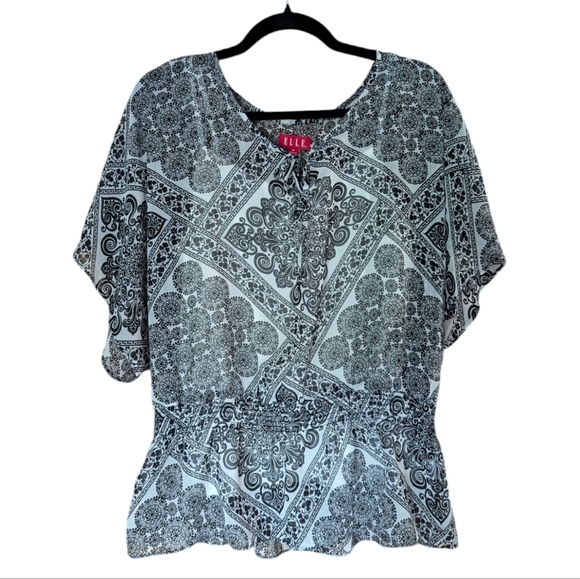 Elle Tops - Elle Sheer Black And White Abstract Print Layered Peplum Top With Tank Top M